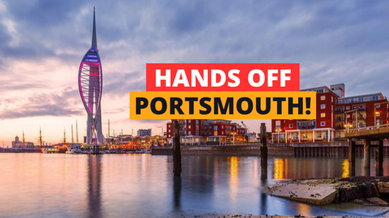 A picture of Portsmouth at dusk on which is written 'Hands off Portsmouth!'